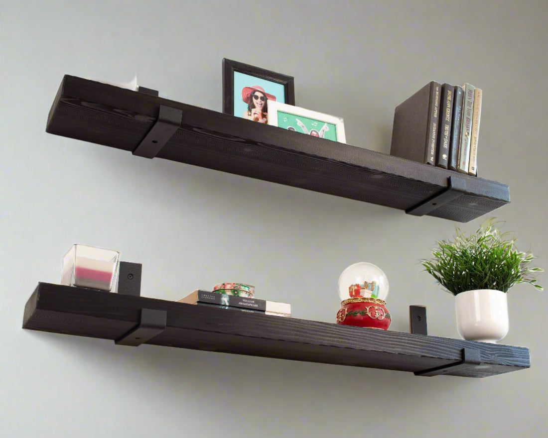 Black Wooden Floating Shelf with Industrial Metal Brackets