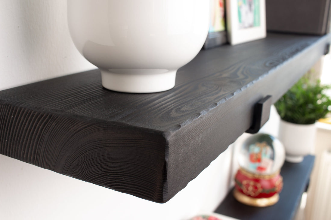 Black Wooden Floating Shelf with Industrial Metal Brackets